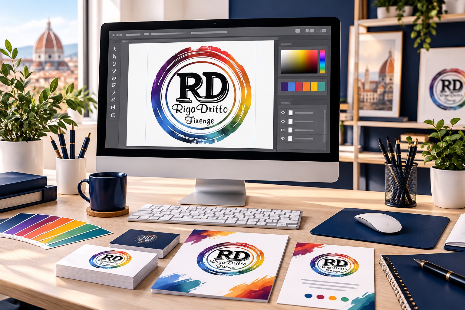 Progettazione grafica e materiali coordinati con logo Riga Dritto